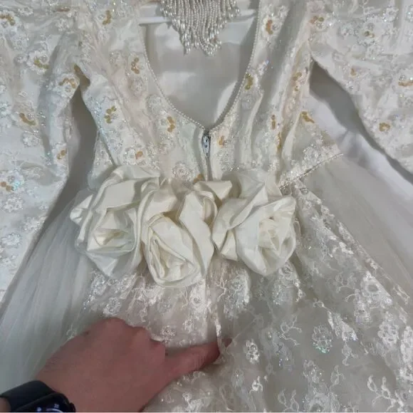 Vintage Ivory Tulle & Lace Flower Girl Dress with Rosette Back & Pearl Detail - Picture 14 of 16